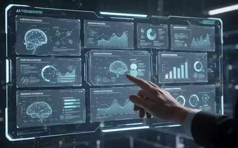 A holographic presentation interface with AI-generated slides and data, showing a hand interacting with the display. - Foto: über boerse-global.de
