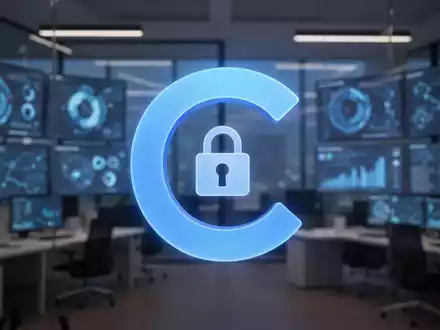 A stylized blue 'C' icon, representing Copilot, with a subtle padlock symbol, set against a blurred modern office background. - Foto: über boerse-global.de