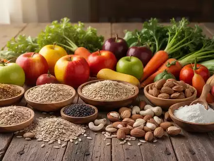 Ein Stillleben mit verschiedenen frischen, unverarbeiteten Lebensmitteln wie Obst, Gemüse, Vollkornprodukten und Nüssen. - Foto: über boerse-global.de