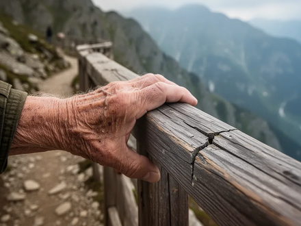 Eine ältere Hand klammert sich an ein rissiges Holzgeländer auf einem Bergpfad, was die Unfallgefahr für Senioren darstellt. - Foto: über boerse-global.de