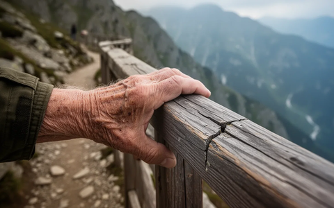 Eine ältere Hand klammert sich an ein rissiges Holzgeländer auf einem Bergpfad, was die Unfallgefahr für Senioren darstellt. - Foto: über boerse-global.de