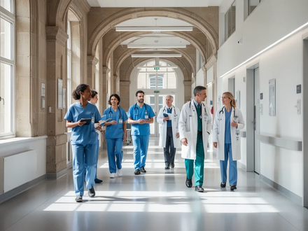 Ein heller, moderner Krankenhauskorridor mit großen Fenstern. Medizinische Fachkräfte gehen und unterhalten sich. Die Architektur verbindet Historisches mit Neuem. - Foto: über boerse-global.de