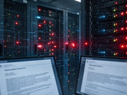 Ein Serverraum mit blauen und roten Lichtern, die technische Probleme und Systemausfälle in der bayerischen Justiz symbolisieren. - Foto: über boerse-global.de