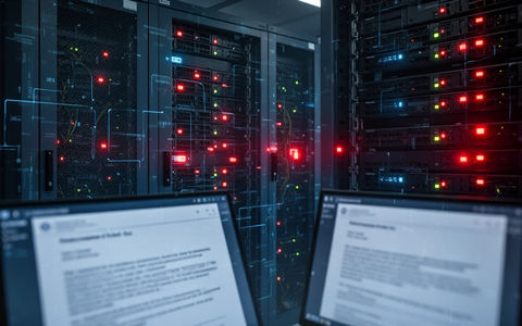 Ein Serverraum mit blauen und roten Lichtern, die technische Probleme und Systemausfälle in der bayerischen Justiz symbolisieren. - Foto: über boerse-global.de