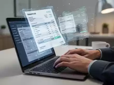 Hände einer selbstständigen Person tippen auf einer Laptoptastatur, darüber eine holografische Darstellung digitaler Rechnungen. - Foto: über boerse-global.de