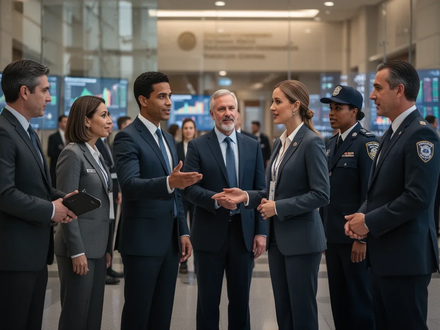 Eine Gruppe von Menschen in verschiedenen Berufsoutfits, darunter einige Uniformen, interagiert in einer modernen öffentlichen Gebäudehalle. - Foto: über boerse-global.de