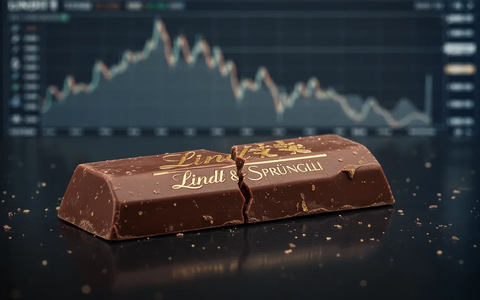 Eine leicht zerbrochene Lindt & Sprüngli Schokoladentafel auf dunklem Grund, mit angedeutetem fallendem Chart im Hintergrund. - Foto: über boerse-global.de