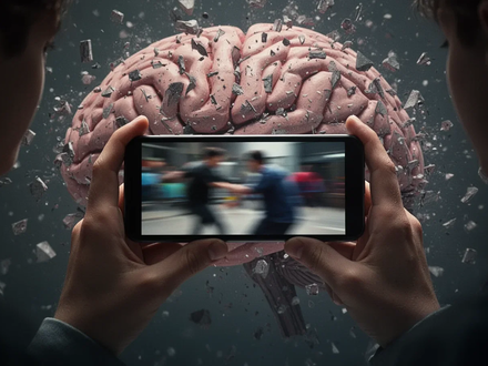 Hände halten ein Smartphone mit einem unscharfen Kurzvideo. Im Hintergrund eine abstrakte Darstellung eines fragmentierten Gehirns. - Foto: über boerse-global.de