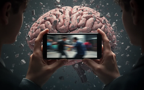 Hände halten ein Smartphone mit einem unscharfen Kurzvideo. Im Hintergrund eine abstrakte Darstellung eines fragmentierten Gehirns. - Foto: über boerse-global.de