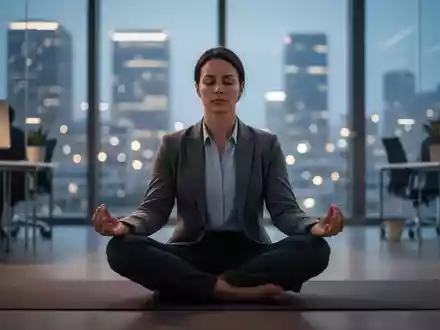 Eine Person meditiert in einem ruhigen Büro mit verschwommenen Stadtlichtern im Hintergrund, symbolisiert Stressbewältigung und Selbstmanagement. - Foto: über boerse-global.de
