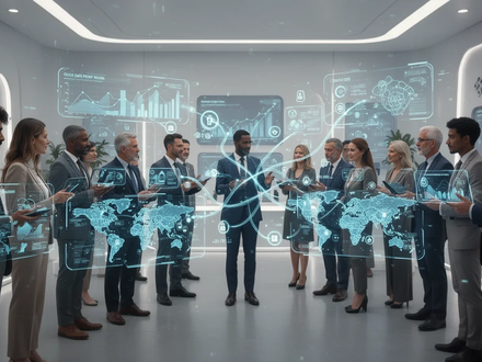 Diverse individuals interacting with holographic financial interfaces, symbolizing global digital banking, remittances, and digital assets. - Foto: über boerse-global.de