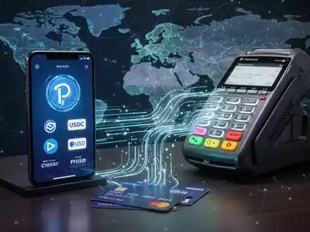 Digital currency flowing into traditional payment terminals and credit cards, with data lines connecting a smartphone to a POS system. - Foto: über boerse-global.de