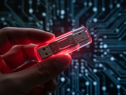 A hand holds a glowing red USB drive against a blurred background of a digital network, symbolizing data theft and cyber threats. - Foto: über boerse-global.de