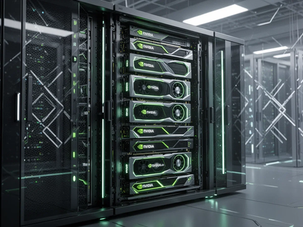 A futuristic server rack glowing with numerous Nvidia GPUs, representing powerful AI computing infrastructure. In the background, abstract data center elements. - Foto: über boerse-global.de