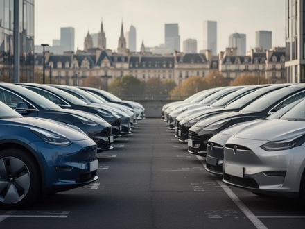 Eine gemischte Flotte aus Elektroautos und Verbrennern auf einem Firmenparkplatz vor einer europäischen Stadtkulisse. - Foto: über boerse-global.de