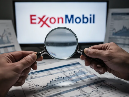 Eine Hand hält eine Lupe über einen Finanzbericht mit verschwommenem ExxonMobil-Logo im Hintergrund und Dividendendiagrammen. - Foto: über boerse-global.de