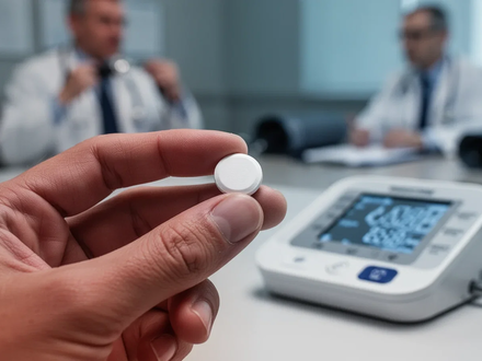 Nahaufnahme einer Hand, die eine weiße Pille hält, mit verschwommenem Hintergrund eines Blutdruckmessgeräts und Arztzimmers. - Foto: über boerse-global.de