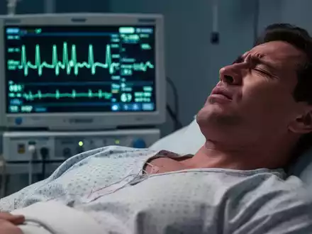 Nahaufnahme einer Person, die sich an die Brust fasst, mit einem EKG-Monitor im Hintergrund, der Herzaktivität anzeigt. - Foto: über boerse-global.de