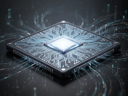 Close-up of a high-tech silicon chip glowing with intricate circuit patterns on a dark, reflective surface, symbolizing advanced processing. - Foto: über boerse-global.de