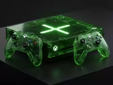 A transparent green Xbox Series X25 console and matching controller with a glowing 'X' logo, highlighting its retro design. - Foto: über boerse-global.de