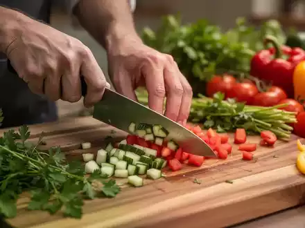 Hände schneiden sorgfältig frisches Gemüse auf einem Holzschneidebrett, mit unscharfen Kräutern und Tomaten im Hintergrund. - Foto: über boerse-global.de