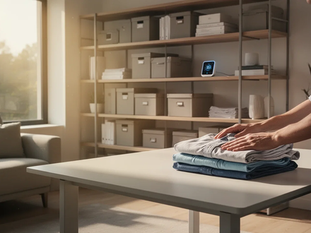 Ein minimalistisch eingerichtetes Wohnzimmer mit viel Tageslicht, einer organisierten Ablage und einer Person, die Wäsche faltet. - Foto: über boerse-global.de
