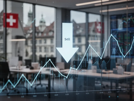 Ein stilisierter, nach unten zeigender Pfeil, der eine 'Sell'-Empfehlung auf einem Finanzchart darstellt, mit verschwommenem Bürohintergrund. - Foto: über boerse-global.de