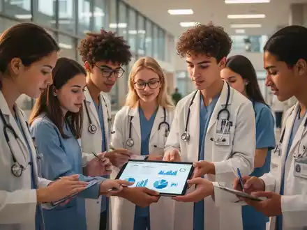 Eine vielfältige Gruppe junger Studierender und Fachkräfte im Gesundheitswesen in einem modernen Universitäts- oder Krankenhausumfeld. - Foto: über boerse-global.de