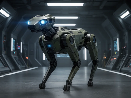 A sophisticated military robot dog, equipped with glowing blue sensors, stands in a futuristic defense facility. - Foto: über boerse-global.de