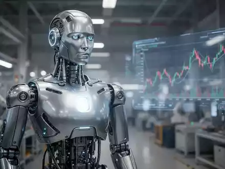 A sleek, metallic humanoid robot stands in a futuristic factory, its chest glowing. A financial chart is blurred in the background. - Foto: über boerse-global.de