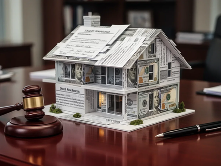 Ein Miniaturhaus aus Finanzdokumenten und Geldscheinen auf einem Schreibtisch, daneben ein Richterhammer und ein Stift. - Foto: über boerse-global.de