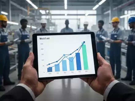 Hände halten ein Tablet mit einem Wachstumsdiagramm, im Hintergrund verschwommen arbeitende Menschen in einer modernen Umgebung. - Foto: über boerse-global.de