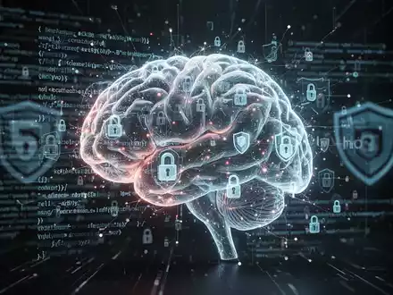 A glowing, intricate digital brain composed of interconnected lines and nodes, overlaid with programming code and cybersecurity icons like shields and locks, on a dark background. - Foto: über boerse-global.de