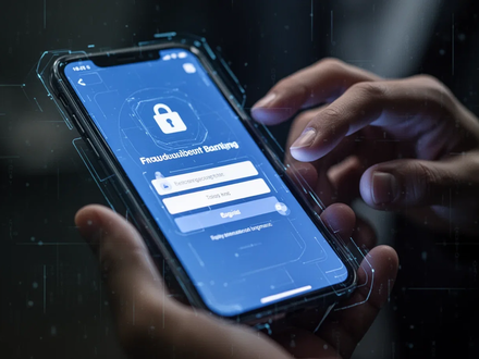 Ein Smartphone-Bildschirm zeigt eine betrügerische Bankanmeldeseite, während Hände zögernd darüber schweben. Symbolisiert Cyberbetrug. - Foto: über boerse-global.de
