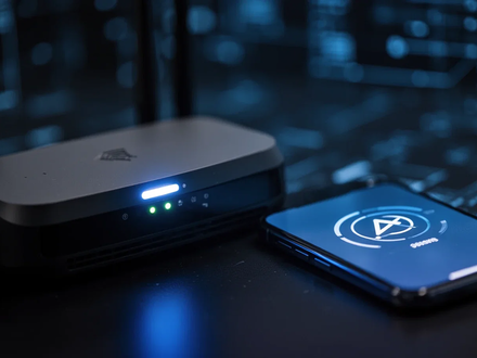 A close-up of a Wi-Fi router with a blue light, next to a blurred smartphone displaying an error message. - Foto: über boerse-global.de