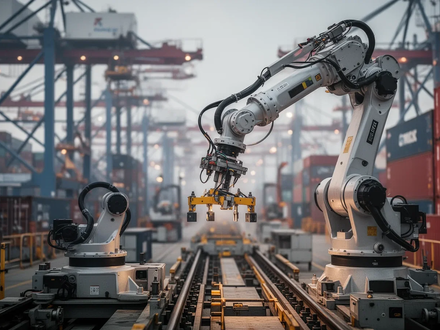 Ein Roboterarm verrichtet präzise Arbeit in einem automatisierten Containerterminal, im Hintergrund verschwommene Industriemaschinen. - Foto: über boerse-global.de