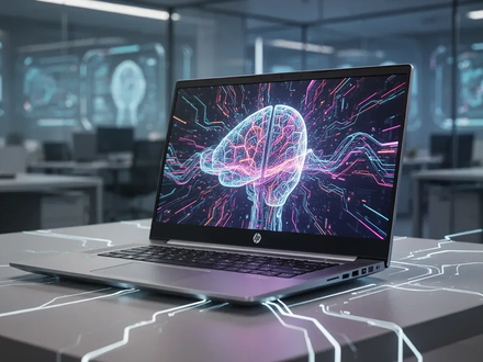 Ein modernes HP ProBook Laptop mit einem leuchtenden KI-Grafik auf dem Bildschirm, auf einem minimalistischen Schreibtisch. - Foto: über boerse-global.de