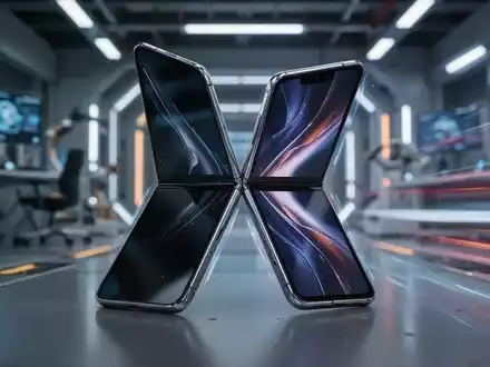 A sleek, modern foldable smartphone, partially folded, showcasing its durable hinge, against a blurred high-tech background. - Foto: über boerse-global.de