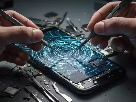 Close-up of hands repairing a smartphone, surrounded by tools and micro-components, with a digital pattern on the screen. - Foto: über boerse-global.de