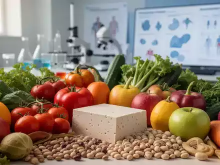 Eine Nahaufnahme von frischem Gemüse, Obst und Hülsenfrüchten mit Tofu, im Hintergrund verschwommen Laborequipment und Diagramme. - Foto: über boerse-global.de