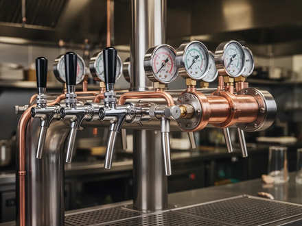 Nahaufnahme eines modernen Bierzapfsystems mit Gasleitungen und Druckanzeigen in einer professionellen Gastronomieküche. - Foto: über boerse-global.de