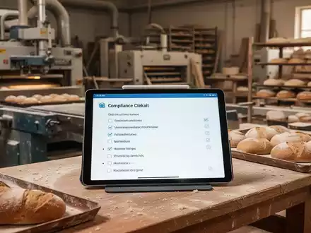 Ein Tablet zeigt eine digitale Checkliste für Explosionsschutz, umgeben von Maschinen in einer industriellen Umgebung. - Foto: über boerse-global.de