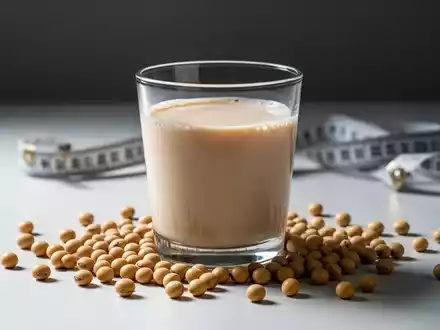 Ein Glas Sojamilch mit Sojabohnen und einem Maßband im Hintergrund, das Gesundheit und Gewichtsverlust symbolisiert. - Foto: über boerse-global.de