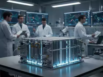 Eine Wasserstoff-Brennstoffzelle mit blauem Licht in einem High-Tech-Labor, Ingenieure im Hintergrund. - Foto: über boerse-global.de