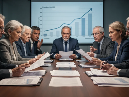 Eine Gruppe von Menschen, die verschiedene Generationen und Berufe repräsentieren, sitzt an einem Konferenztisch und diskutiert über die Rentenreform. - Foto: über boerse-global.de