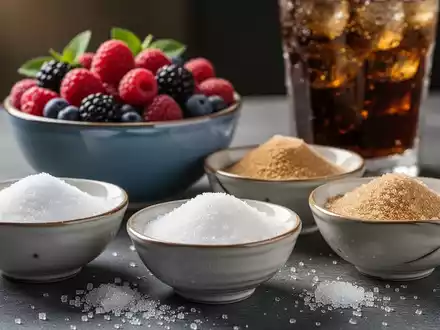 Nahaufnahme verschiedener Süßungsmittel in Schalen, frische Beeren und ein Glas Limonade im Hintergrund, Fokus auf gesunde Alternativen. - Foto: über boerse-global.de