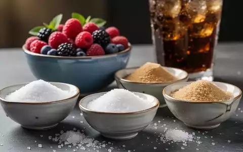 Nahaufnahme verschiedener Süßungsmittel in Schalen, frische Beeren und ein Glas Limonade im Hintergrund, Fokus auf gesunde Alternativen. - Foto: über boerse-global.de