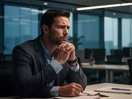 Ein nachdenklicher Mann sitzt in einem modernen BĂŒro und reflektiert ĂŒber seine mentale Gesundheit und Stress am Arbeitsplatz. - Foto: ĂŒber boerse-global.de