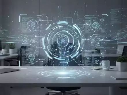 A glowing, futuristic AI assistant interface projected onto a minimalist workspace, symbolizing digital automation and efficiency. - Foto: über boerse-global.de