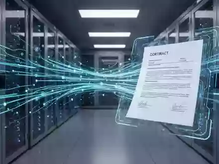 Ein futuristischer Serverraum mit leuchtenden blauen Datenströmen, die in ein digitales Vertragsdokument auf einer holographischen Oberfläche münden. - Foto: über boerse-global.de
